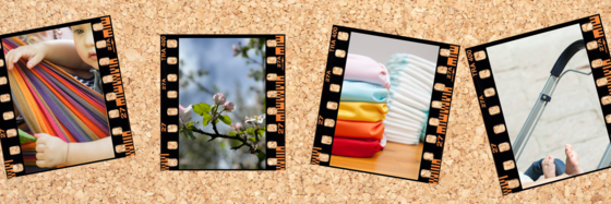 vier bilder mit unterschiedlichen Motiven baby im Tragetuch, Kirschblüten, Windeln, Kinderwagen